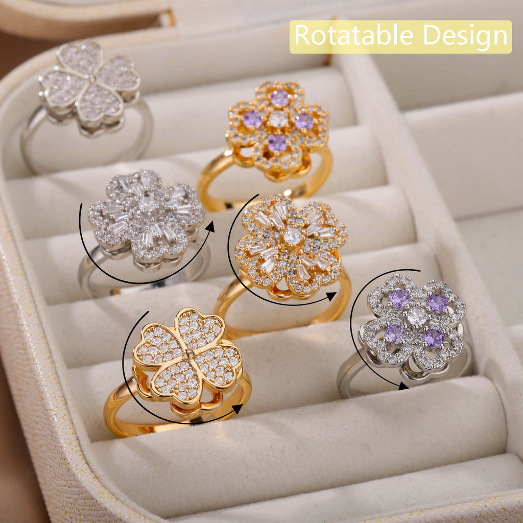 Anillos giratorios de flores con diamantes de imitación, anillo de descompresión antiestrés, moderno
