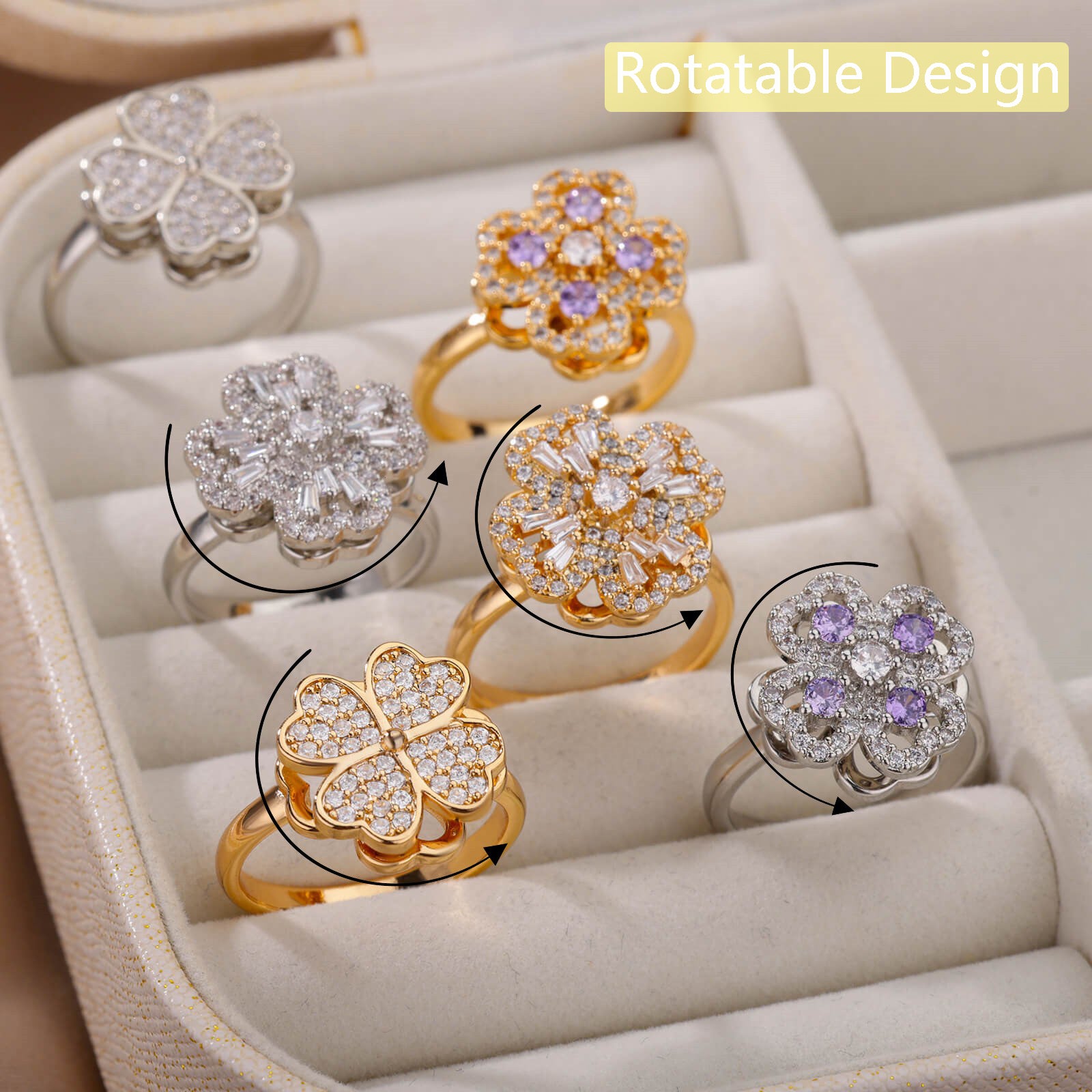 Anillos giratorios de flores con diamantes de imitación, anillo de descompresión antiestrés, moderno