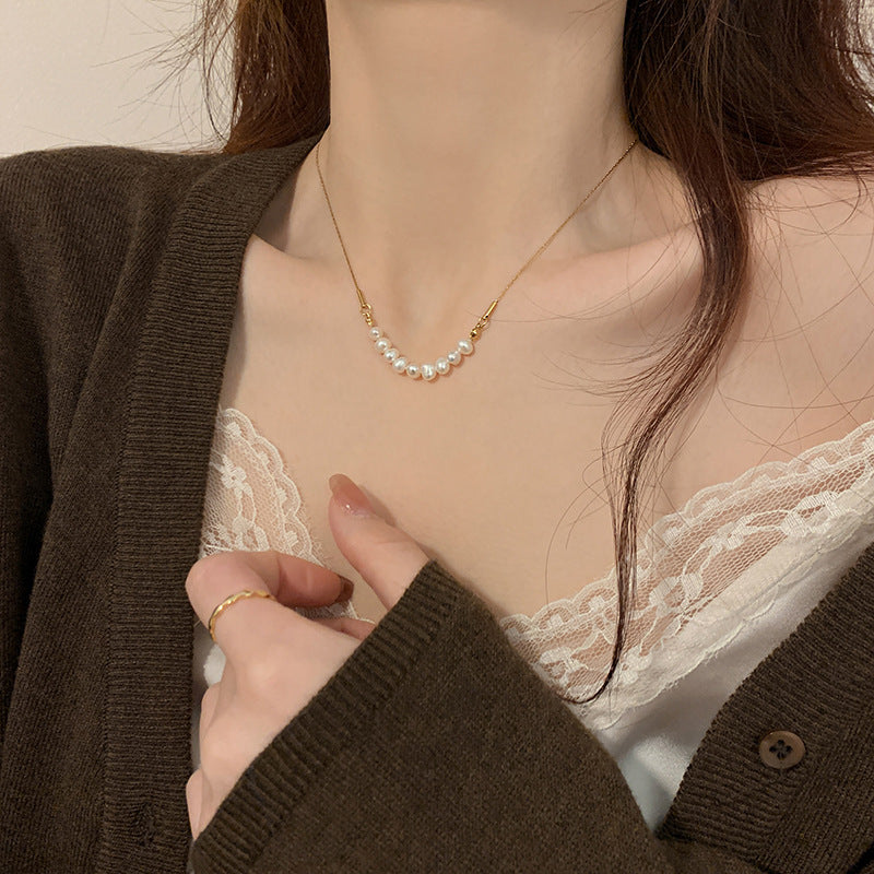 Titanium Steel Oval Freshwater Pearl Necklace Necklace Women's Gold Silk Clavicle Chain