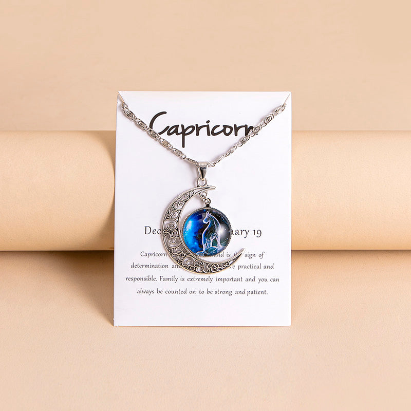 Collar con colgante de luna y 12 abalorios de cristal con signos del zodiaco para mujer y niña