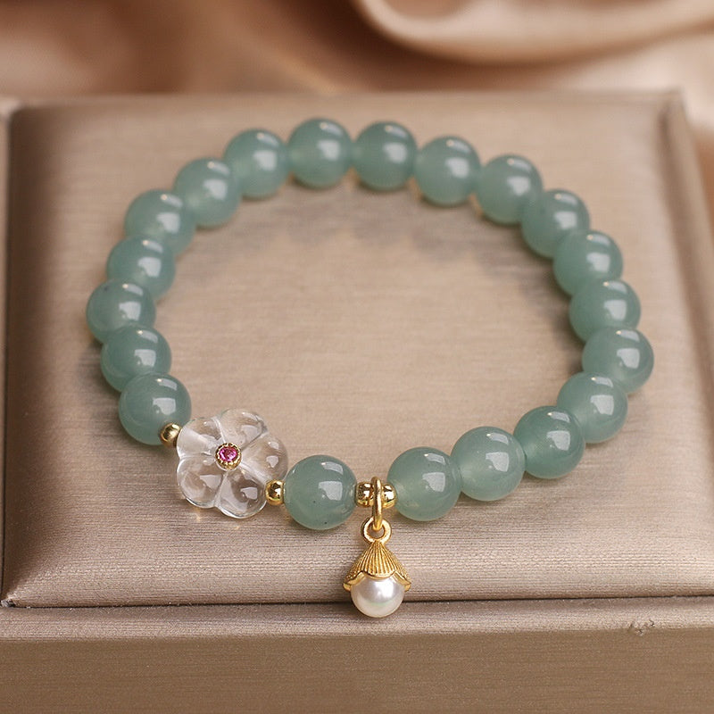 Pulsera de flores de cristal blanco de jade de agua azul para mujer