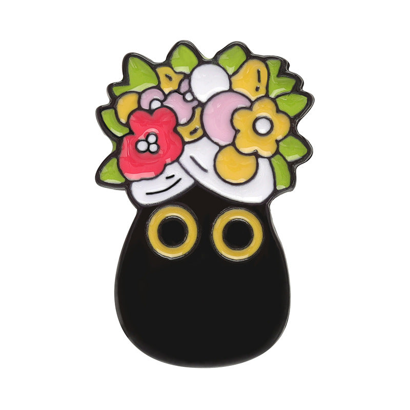Cartoon Black Cat Blumen-Serie Niedlicher, modischer, vielseitiger Taschen-Kleidungs-Ornament-Anstecker