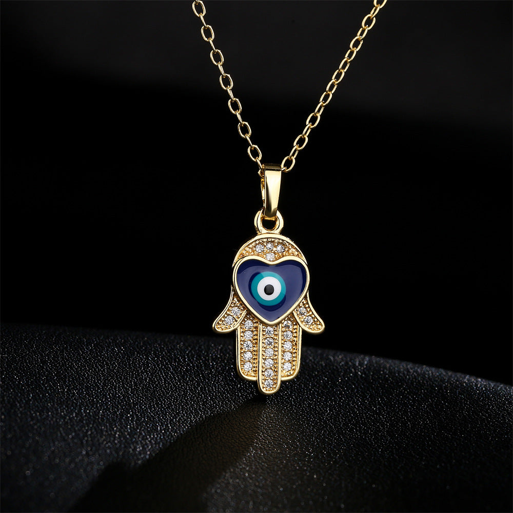 Gold Dripping Zircon Fatima Hand Minority Demon Eye Clavicle Chain Female