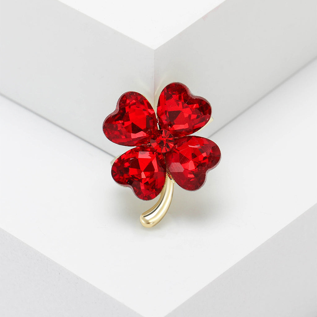 Broche de trébol de cuatro hojas con diamantes de imitación en forma de corazón, sencillo y compacto, a la moda