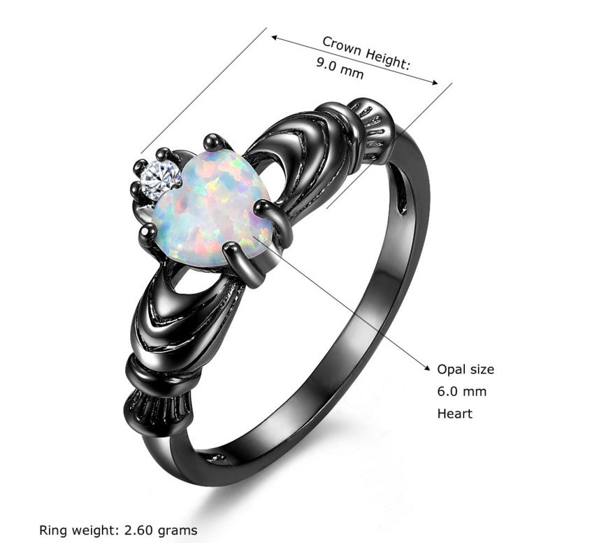 Herz-Opal-Kronen-Pistolen-Schwarzring