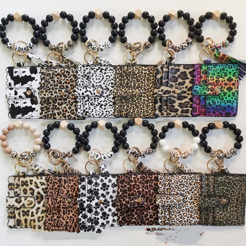 Llavero de pulsera de cuentas de silicona con estampado de leopardo
