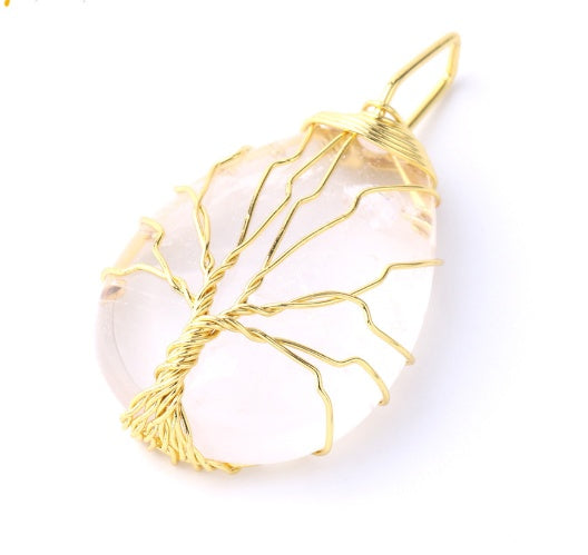 Natural Stone Pendant Gold Color Wire Wrap Gem