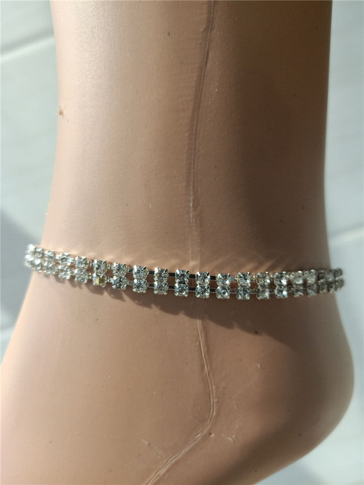 Tobillera de diamantes de dos hileras de diamantes Cadena de tobillo con diamantes brillantes sencillos