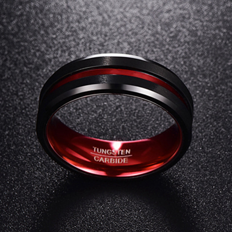 Anillo de carburo de tungsteno para hombre de 8 mm, negro y rojo, acabado mate y bordes biselados