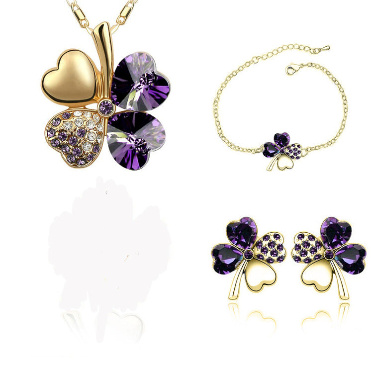 Kreatives vierblättriges Kleeblatt Kristallschmuck-Set