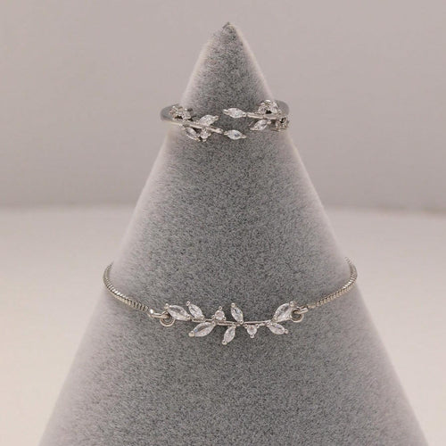 2 piezas a la moda de ojo de caballo de plata con cristal de circonita y hojas, pulsera y anillo, pulsera de ajuste para el día a día y vacaciones de mujer
