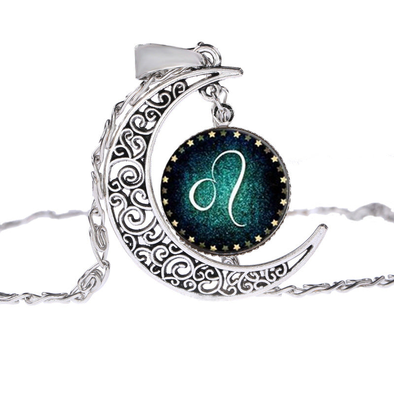 Vintage Schmuck Silberfarben mit Sternzeichen Glas Cabochon Choker Halbmond Anhänger Lange Halskette für Damen Weihnachtsgeschenk