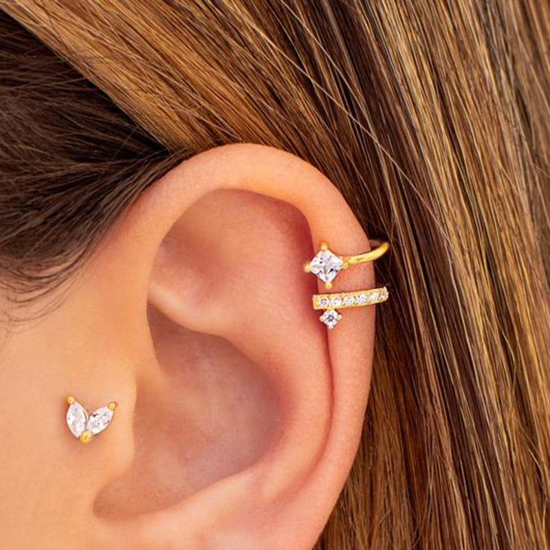Pendientes de clip geométricos con diamantes de plata de ley de primera calidad
