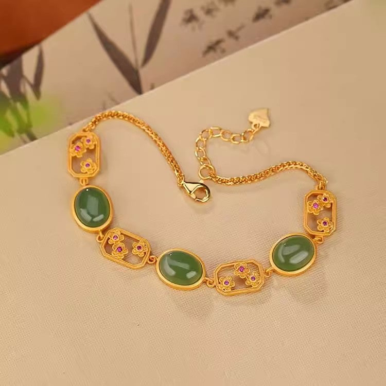 Pulsera de Fideos de Jaspe Natural S925 Plata de Ley Chapada en Oro Ciruela Hueca