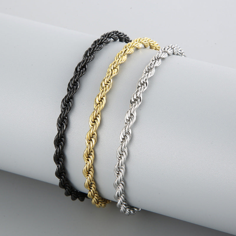 Pulsera de acero inoxidable con cadena trenzada de doble color dorado para hombres y mujeres
