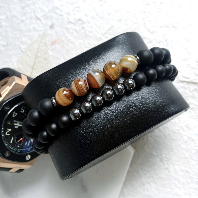 Mcllroy 2 pulseras de piedra natural con cuentas negras de Mantra, brazalete budista para mujer y hombre, joyería vikinga