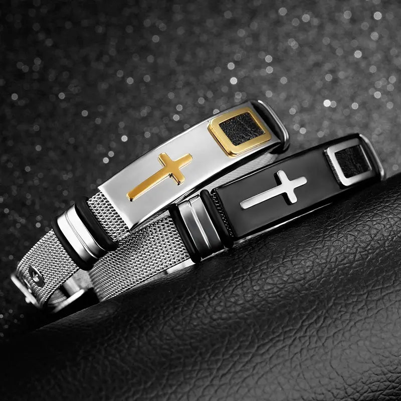 Herren Verstellbares Armband 3D Kreuz Edelstahl Mesh-Kettenarmbänder Armreifen