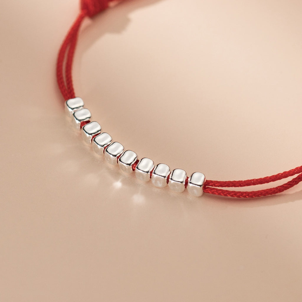 S925 Silver Simple 10 Square Sugar Particles Adjustable Red Rope Bracelet