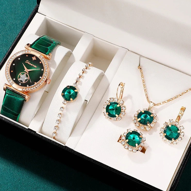 Traje de collar, pulsera y anillo de pendientes Green Belt