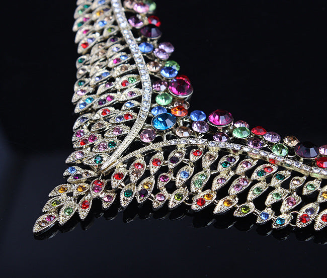 Full Rhinestone Color Clavicle Necklace Earrings Set Dress