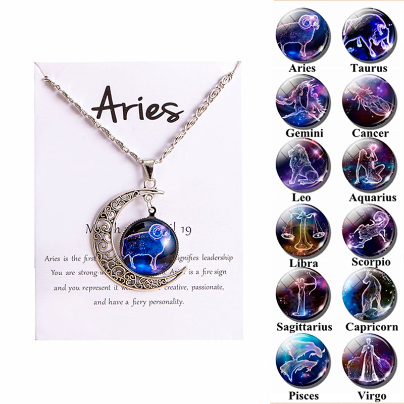 Collar con colgante de luna y 12 abalorios de cristal con signos del zodiaco para mujer y niña