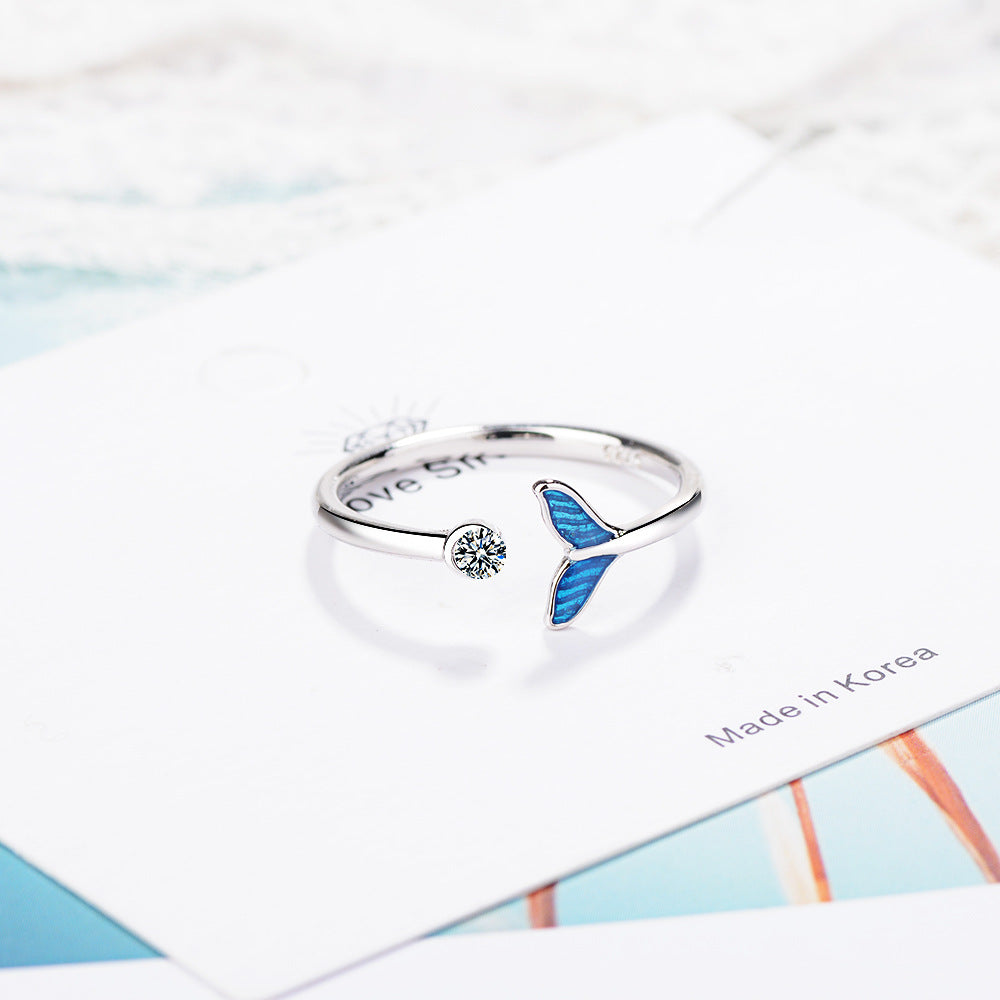 Anillo de cola de sirena azul de color plata a la moda con circonita cúbica, cola de pez, bague, anillos de regalo románticos
