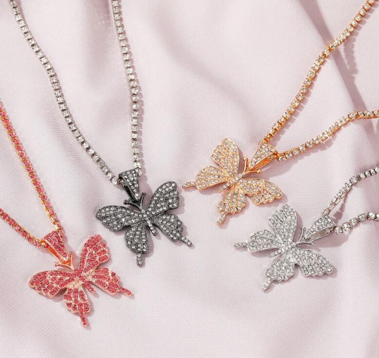 Explosive Strass Schmetterlings-Anhänger Halskette Hip-Hop Schmuck Tennis Choker Kubanische Schmetterlings-Halskette