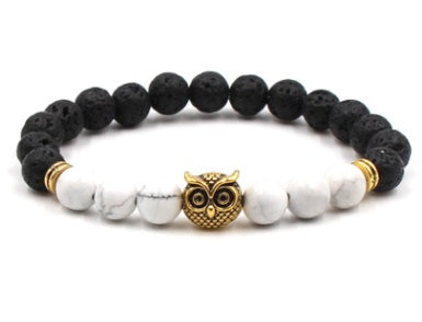 Außenhandel AliExpress meistverkaufte 8mm Naturstein schwarzer Lavavulkanstein Armband Goldlegierung Eule Armband