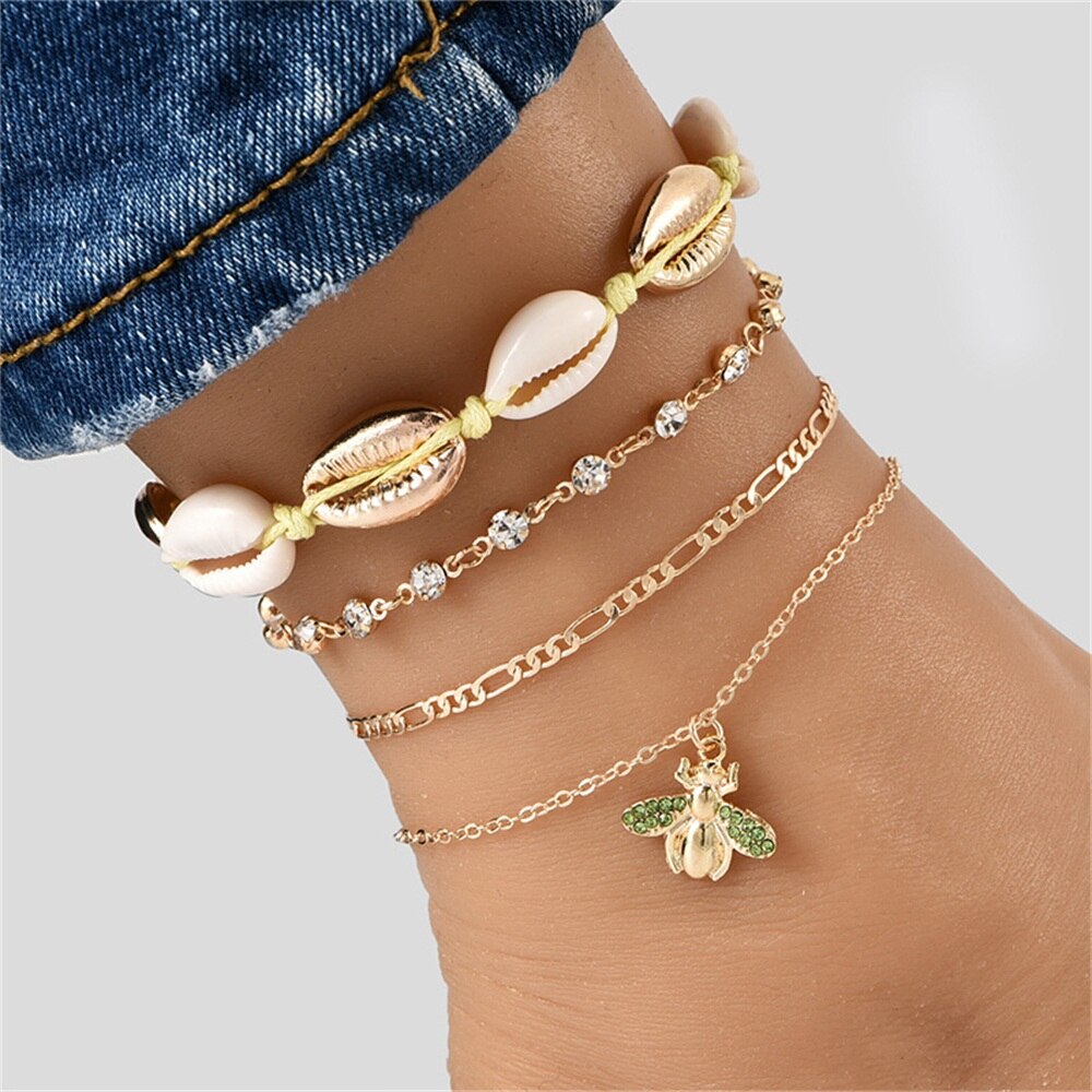Tobillera Popular de Conchas para Mujer Tejido Cadena de Diamantes Colgante de Abeja de Diamantes Completos Calzado Multicapa