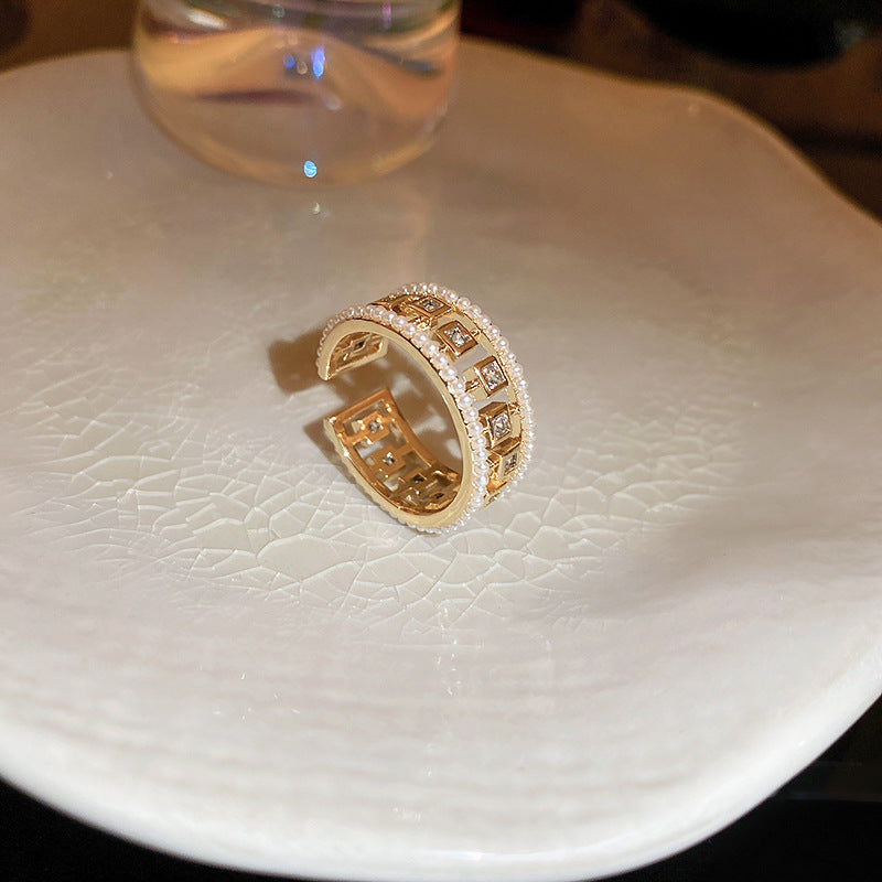 Anillo de Perlas de Circonita Calado Cuadrado Abierto Estilo Europeo y Americano Joyería Femenina