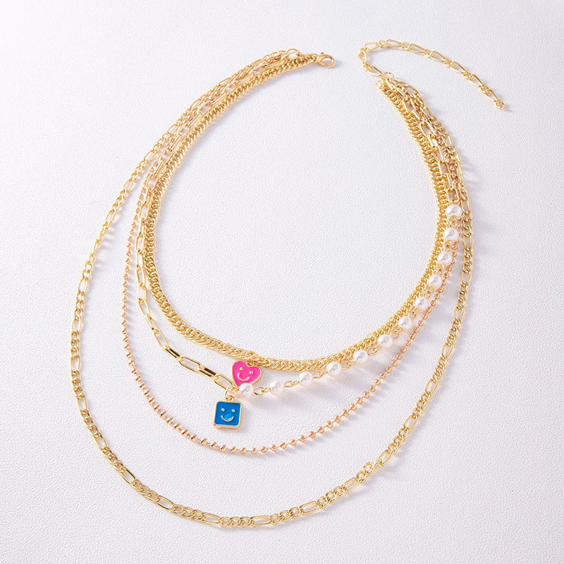 Email Smiley-Gesicht Anhänger Perlenkette Boho Gold Mehrschichtige Grobe Kette Statement Halsketten Choker für Damen