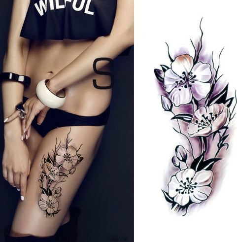 Pegatina de tatuaje de flores, boceto a color, pegatina de tatuaje de flores, peonías, rosas, ciruelos, pegatina de tatuaje