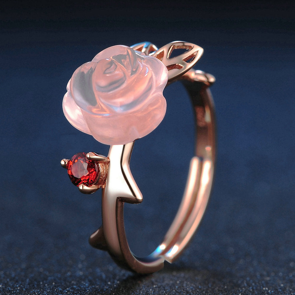 Blume Rosenquarz Edelsteine 18K Roségold plattiert Feiner Schmuck Silber Set