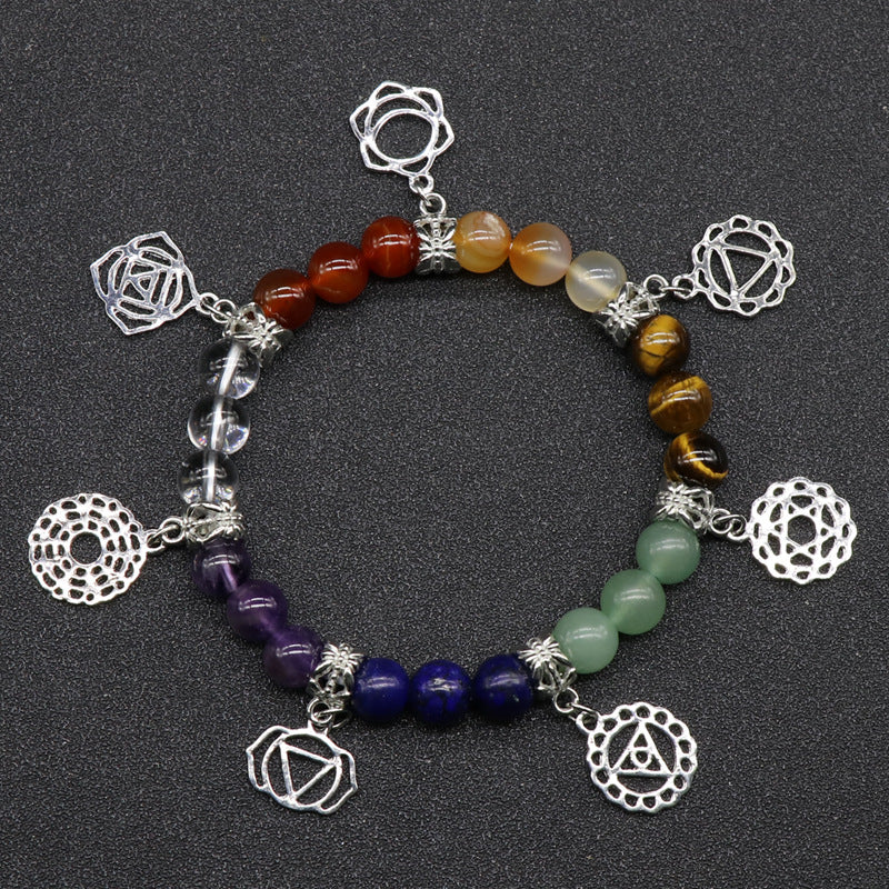 Buntes Achat-Kristall-Sieben-Chakra-Yoga-Symbol-Schmuckarmband