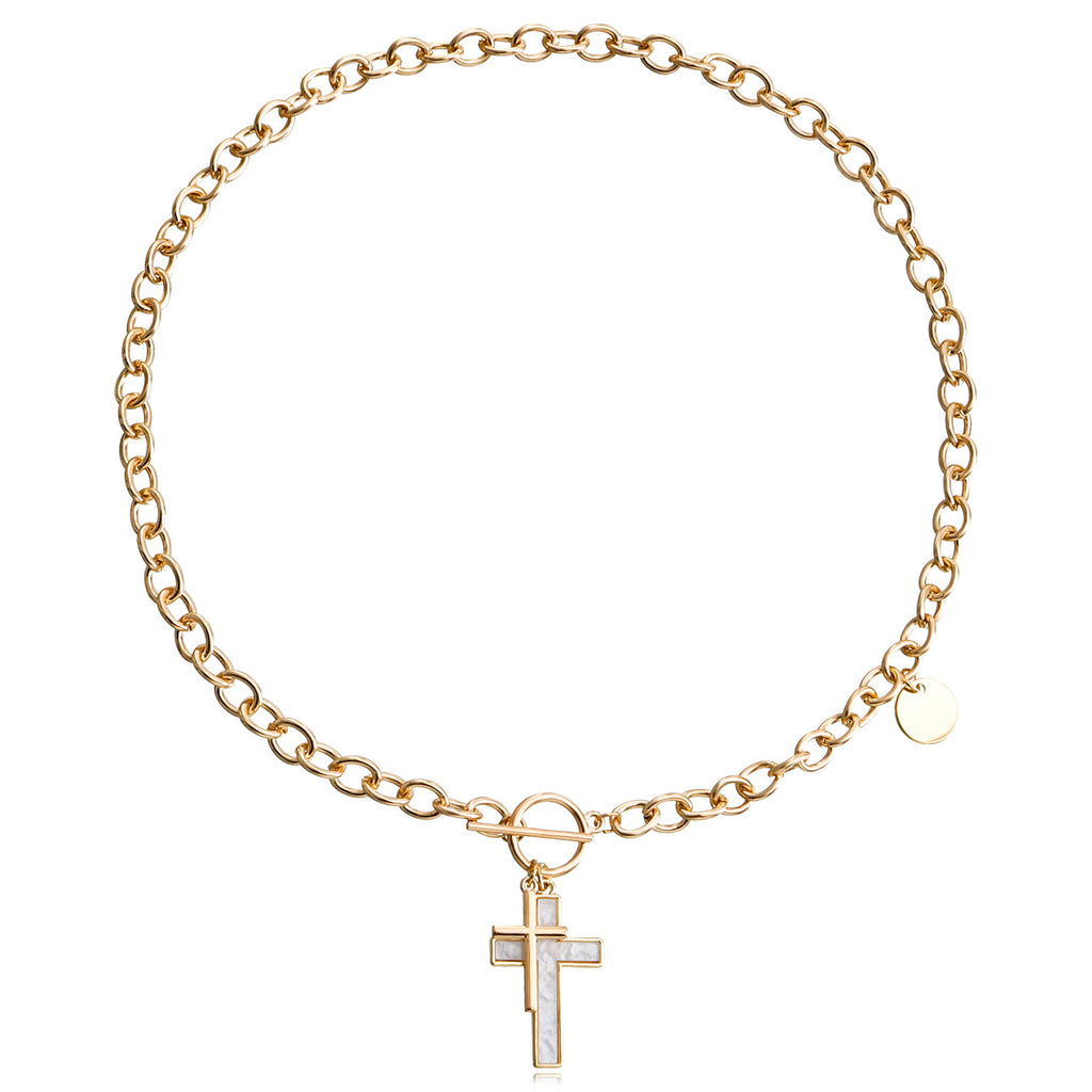 Punk Double Cross White Shell Pendant Necklace