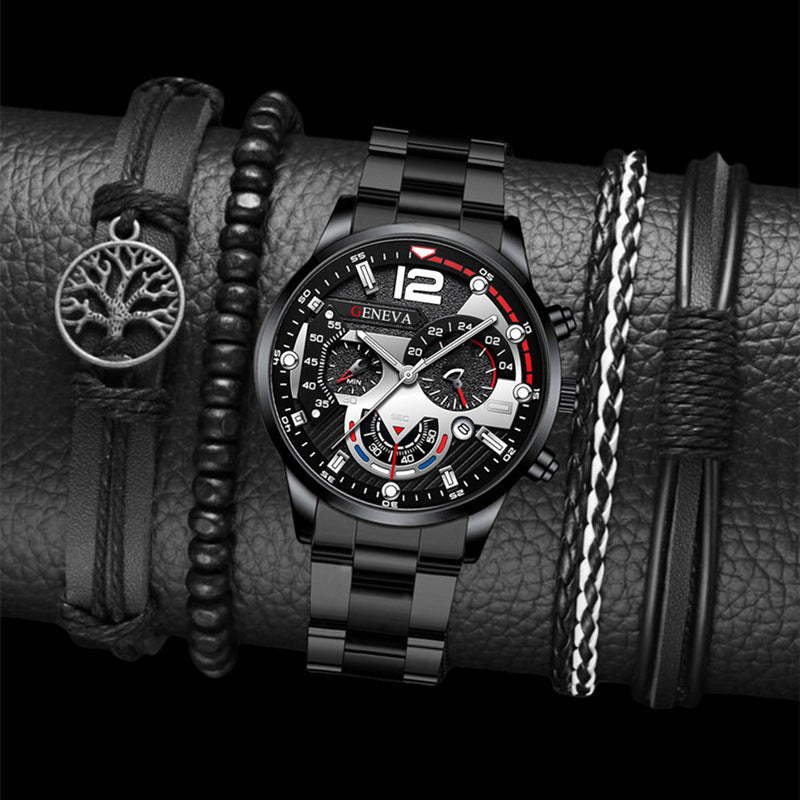 Juego de pulsera de 2 relojes de cuarzo de tres ojos de acero de moda para hombre, regalos de San Valentín