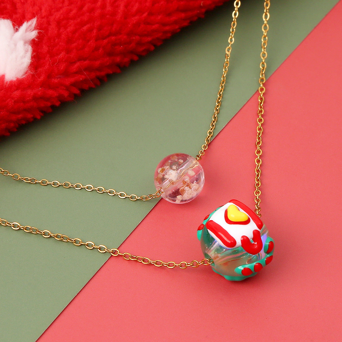 Weihnachts-Leucht-Halskette Mode Nische Weihnachtsbaum Weihnachtsmann Runde Perle Doppellagige Halskette für Damen Schmuck
