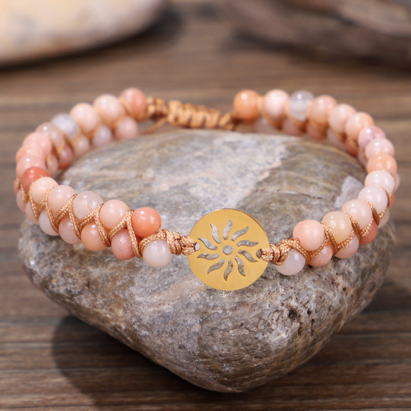 Doppellagiges, handgewebtes Armband mit Natursteinen und Hohlmustern für Yoga und Meditation