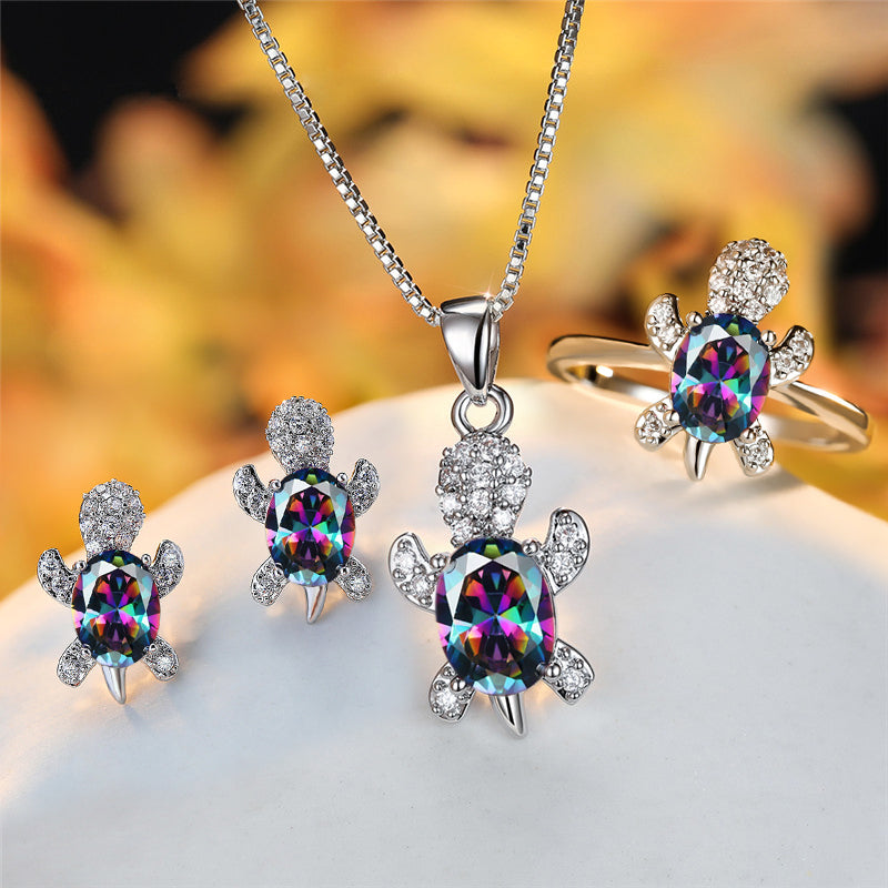 Mode Oval Zirkon Anhänger Schildkrötenform Halsketten mit Regenbogenstein Mehrfarbige Tierhalskette Schmuck für Damen und Kinder