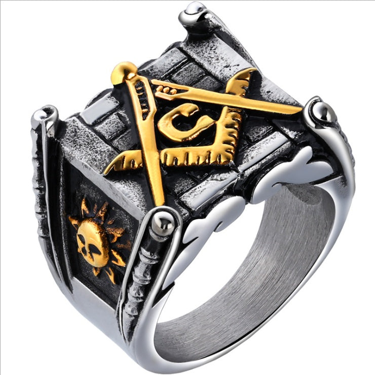 Männer-Freimaurerringe, Gold Sonne Mond, Punk, handgefertigt, hochglanzpolierter Silberschmuck für Herren