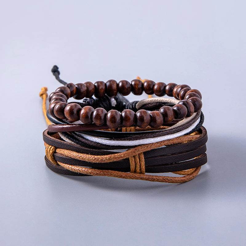 Pulseras ajustables de cuero multicapa vintage para mujeres y hombres, pulseras étnicas con cuentas de madera