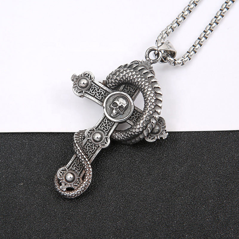 Stainless Steel Necklace Cross Dragon Pendant Retro Punk Necklace