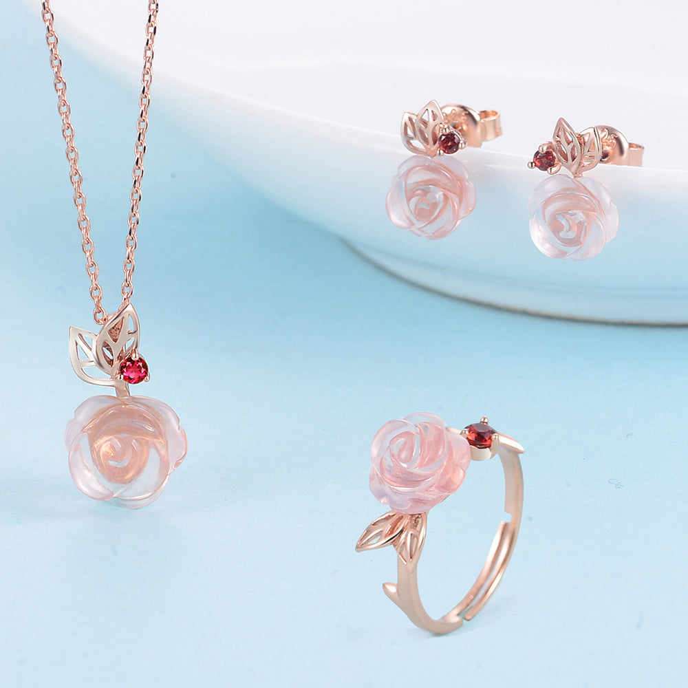 Blume Rosenquarz Edelsteine 18K Roségold plattiert Feiner Schmuck Silber Set