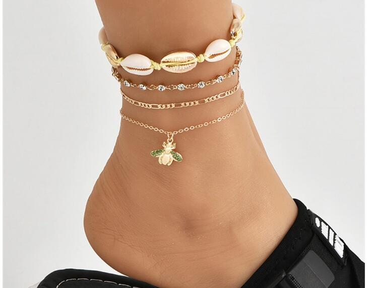 Tobillera Popular de Conchas para Mujer Tejido Cadena de Diamantes Colgante de Abeja de Diamantes Completos Calzado Multicapa
