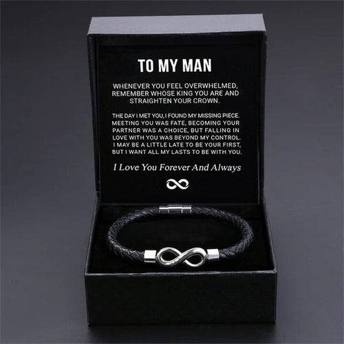 8-word Stainless Steel Black Handmade Leather Men's Bracelet