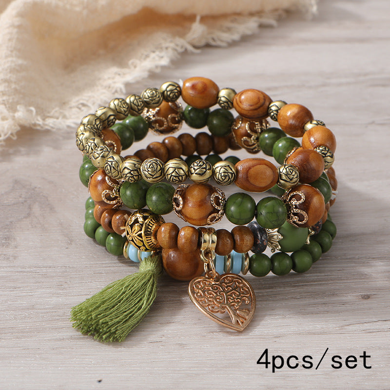Pulsera Bohemia de Cuentas de Madera de Múltiples Capas