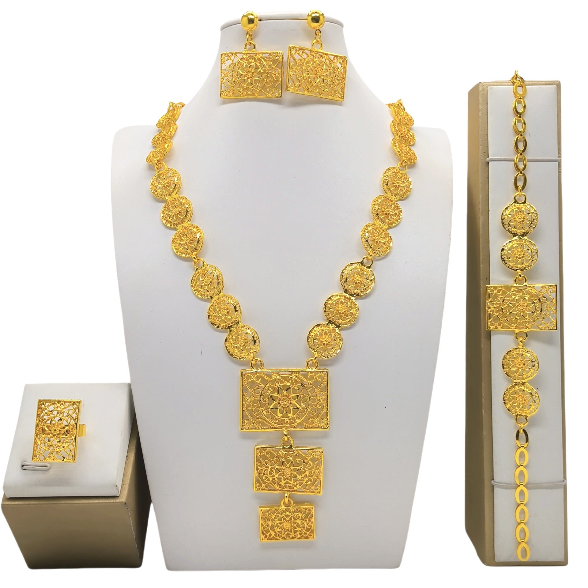 Traje de joyas de oro, collar, pulsera, pendientes y anillo de boda nupcial árabe