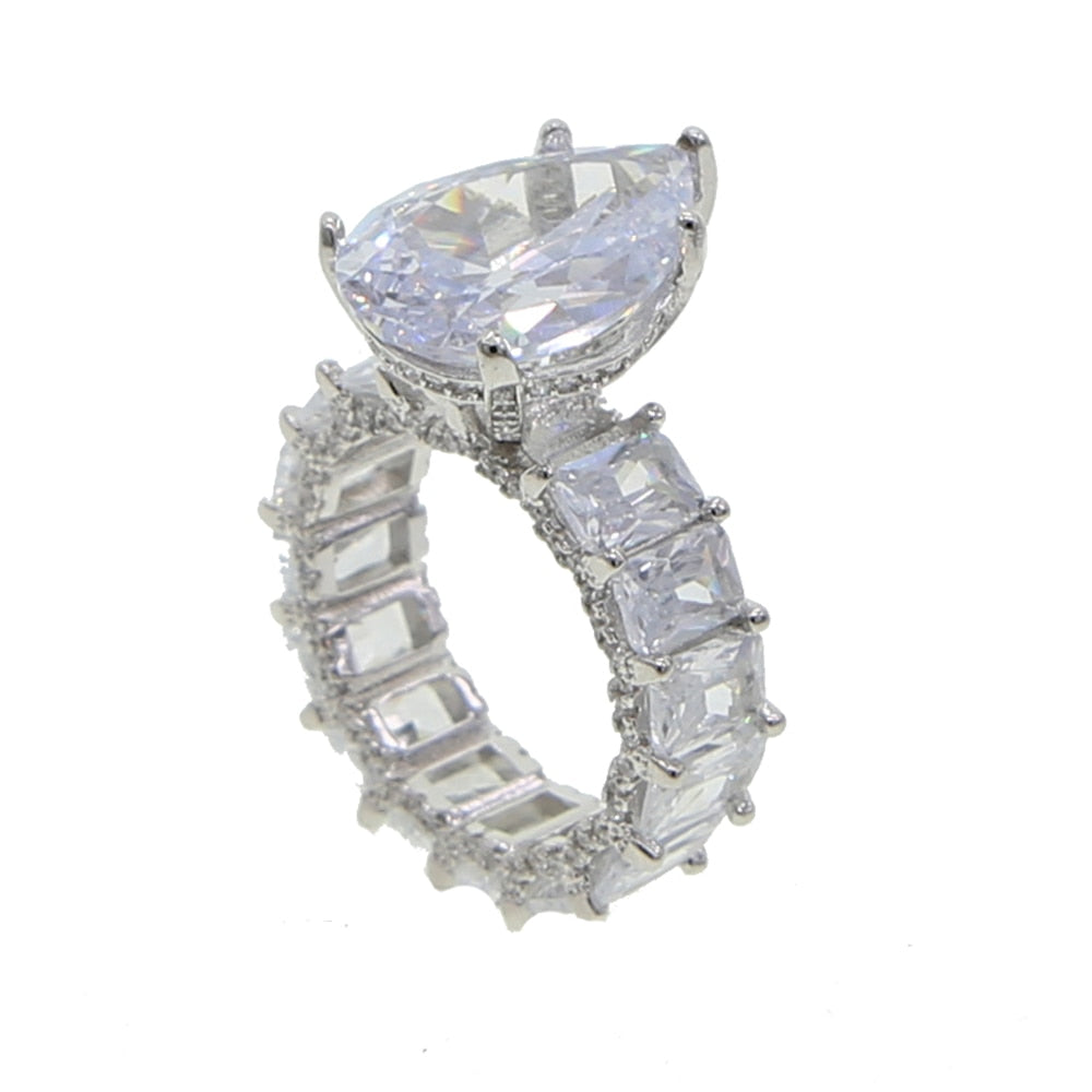 Anillos de dedo de lujo a la moda, con circonitas, diseño de gota de agua, color rosa, estilo baguette, para niñas y mujeres, joyería de compromiso, regalos