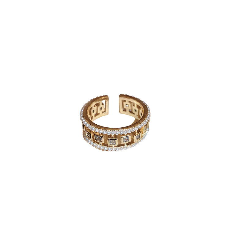 Anillo de Perlas de Circonita Calado Cuadrado Abierto Estilo Europeo y Americano Joyería Femenina