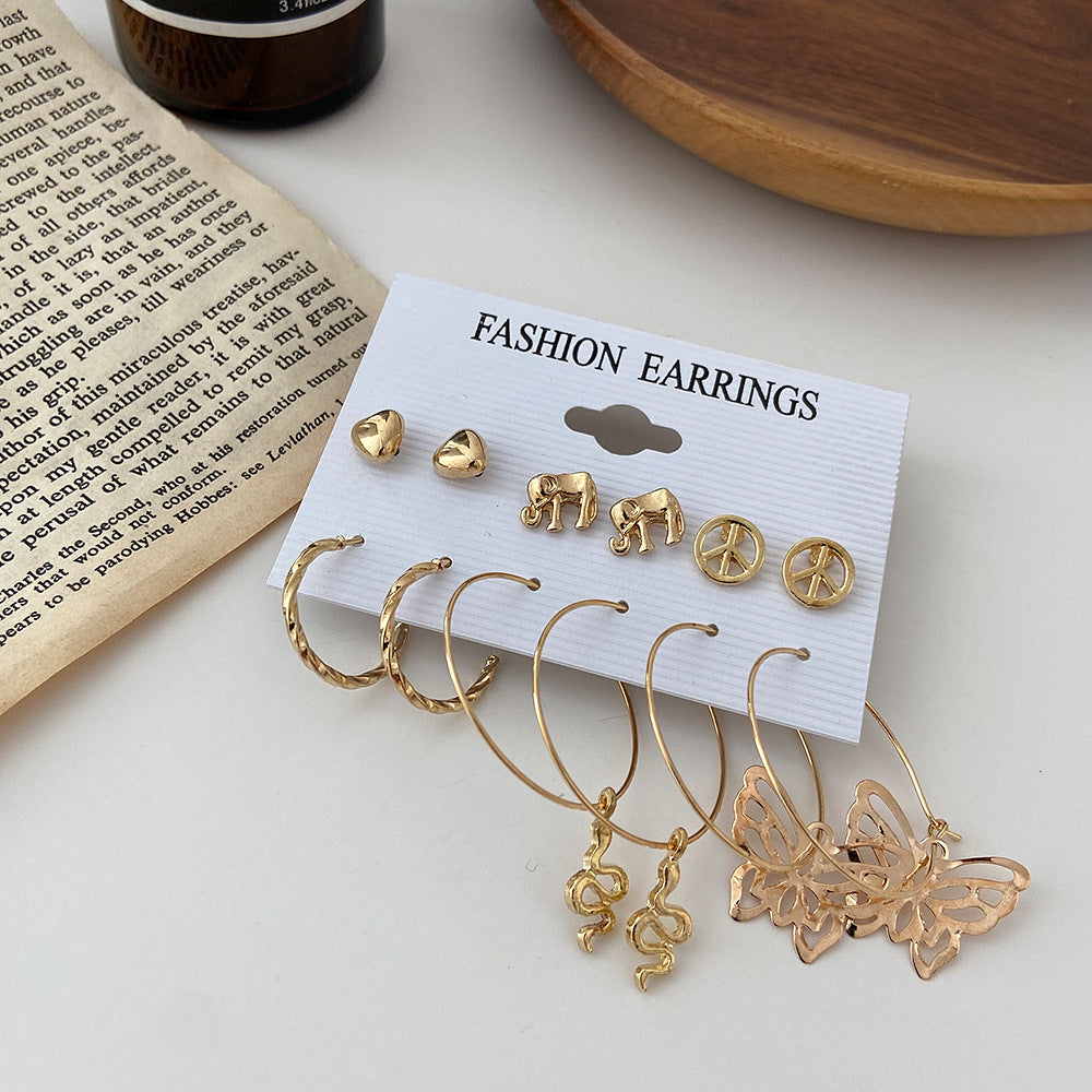 Juego de aretes de 9 pares con diseño de mariposa y corazón calado